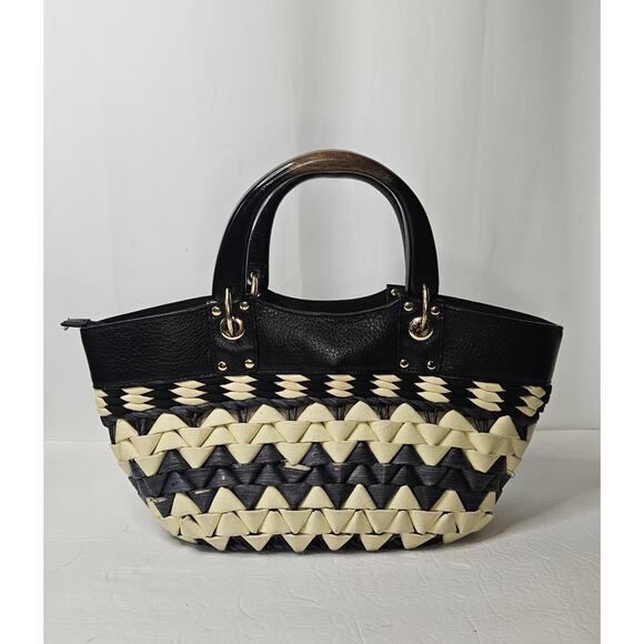 Vtg Forth & Towne Purse Woven Straw Top Handle Bag Satchel Handbag Black & Cream - Picture 1 of 12